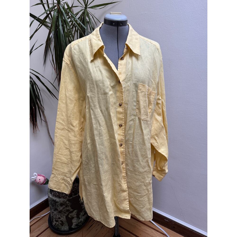 Vintage Liz Claiborne Elisabeth 100% Linen Button Down Shirt Yellow Plus Size